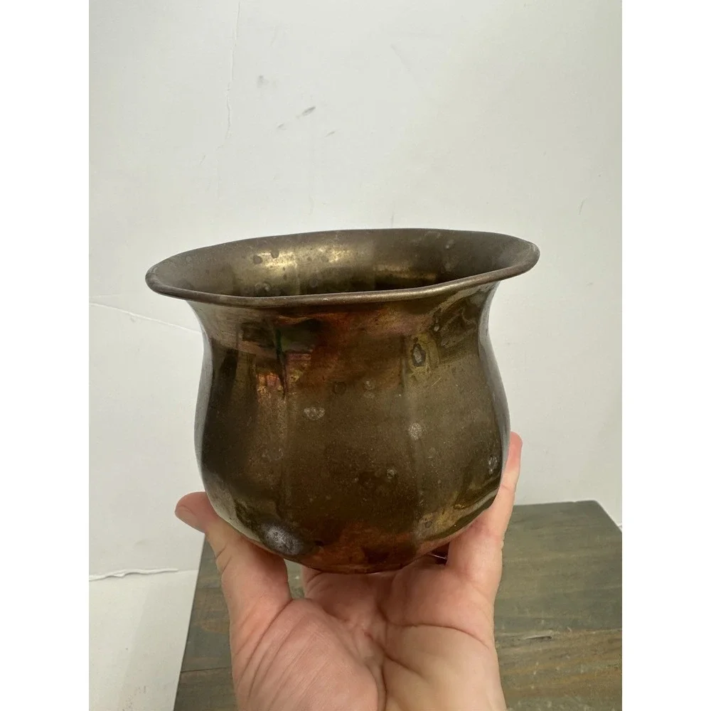 Vintage Small Solid Brass Ribbed Planter Flowerpot Home Garden Decor 4